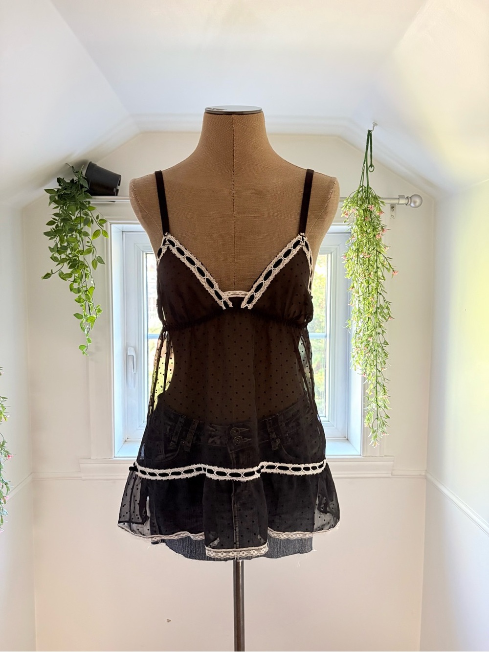 Blush Black Sheer Polka Dot Babydoll Chemise with White Trim
